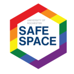 Safe Space at University of Rochester logo - text in a hexagon framed in a rainbow of colors