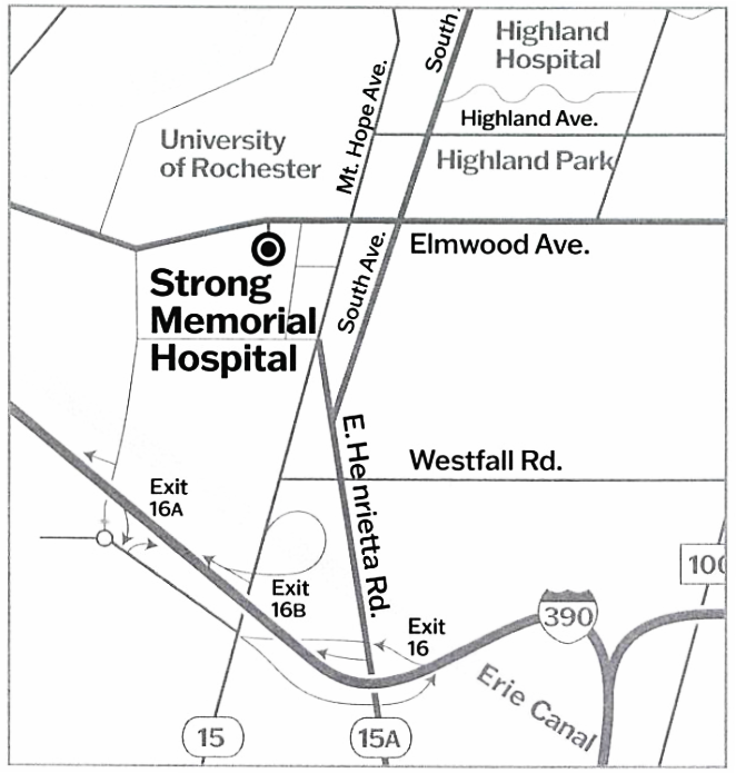 map showing location of Strong Memorial Hospital at the University of Rochester Medical Center, off Elmwood Avenue.